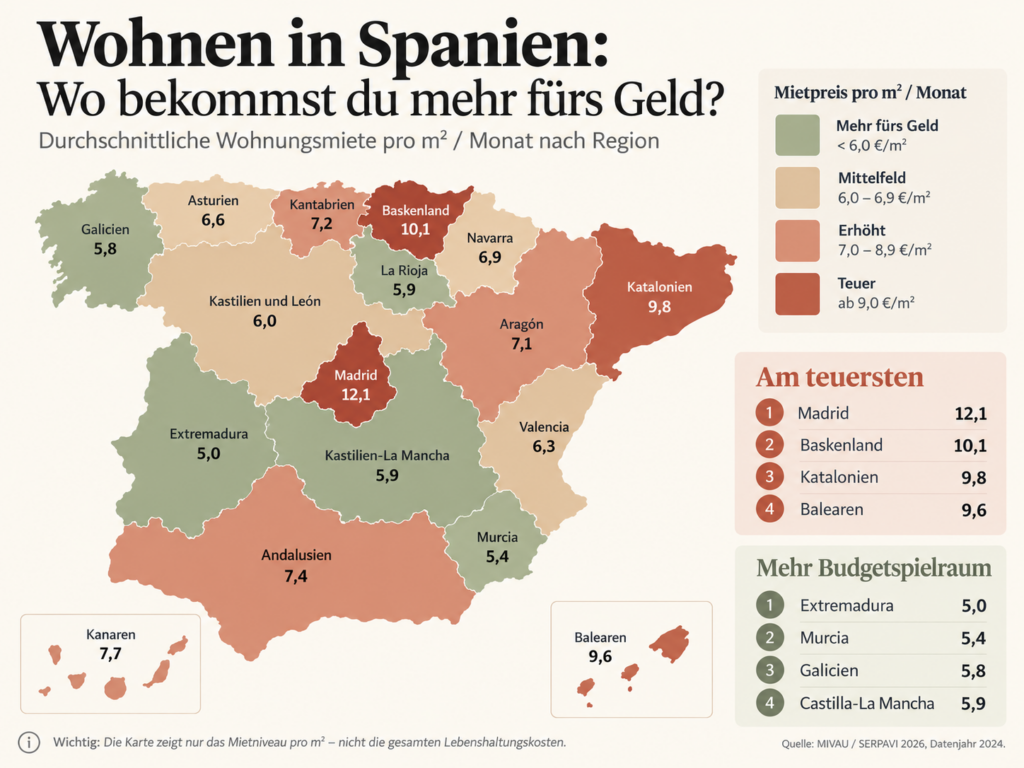 Karte der regionalen Wohnungsmieten in Spanien mit Vergleich der durchschnittlichen Mietpreise pro Quadratmeter in den autonomen Gemeinschaften.