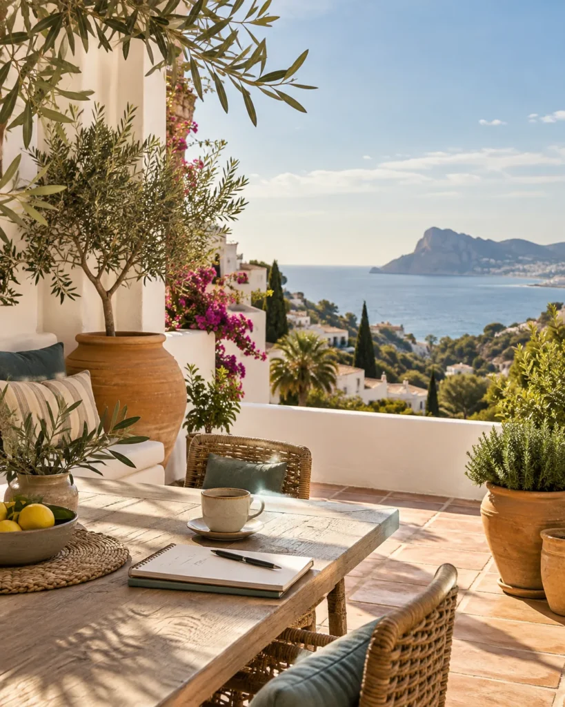 Mediterrane Terrasse mit Olivenbaum und Meerblick in Spanien